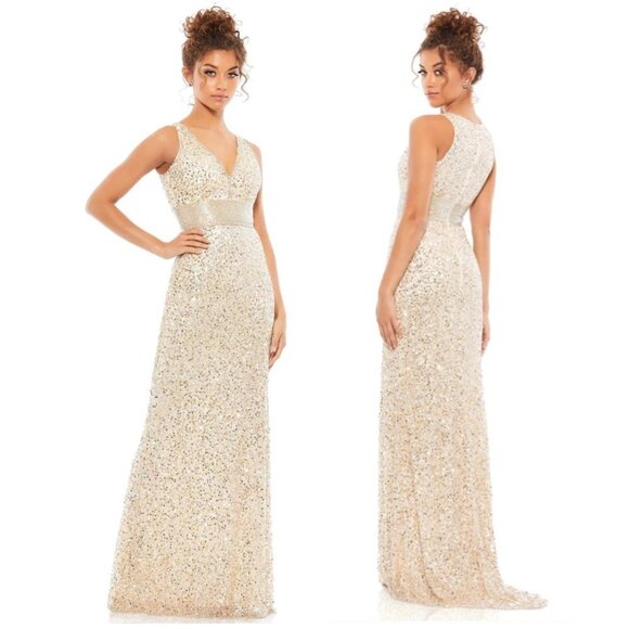 MAC DUGGAL Sequined Sleeveless V Neck Column Gown in Nude Gold Size US 2 - Picture 1 of 16